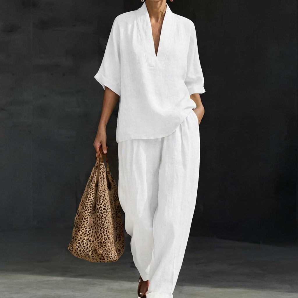 Dolores Damen Zweiteiler mit Henley Oberteil und weiter Hose