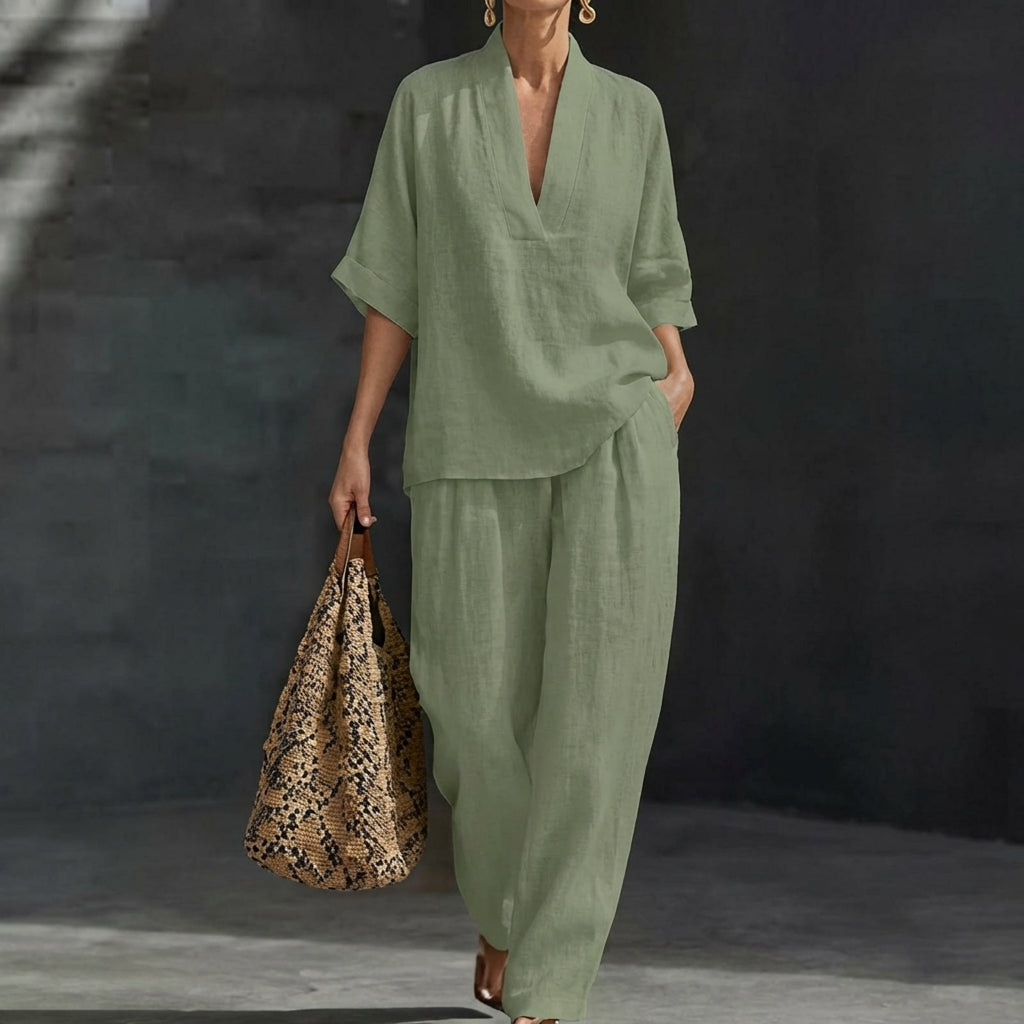 Dolores Damen Zweiteiler mit Henley Oberteil und weiter Hose