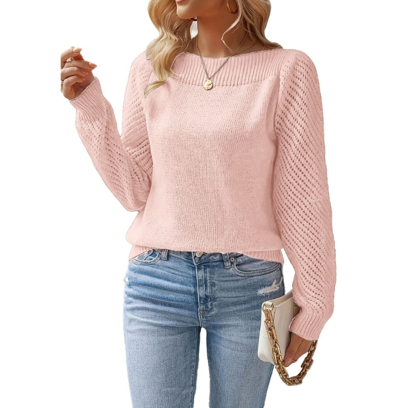 Damen Feinripp Pullover mit Ajour Puffärmeln und Bootsausschnitt