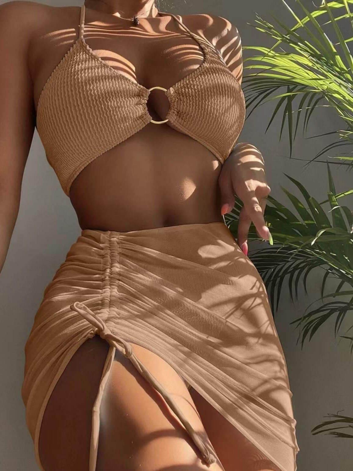 Unifarbenes dreiteiliges Halfterneck Bikini Set