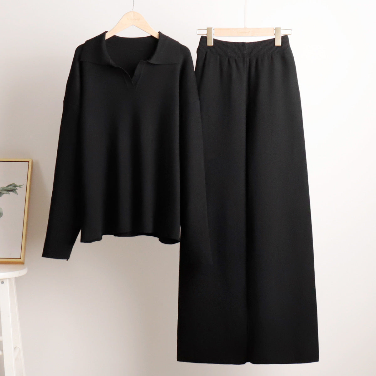 Damen Lounge Set mit Weitbein Hose und Polo Pullover