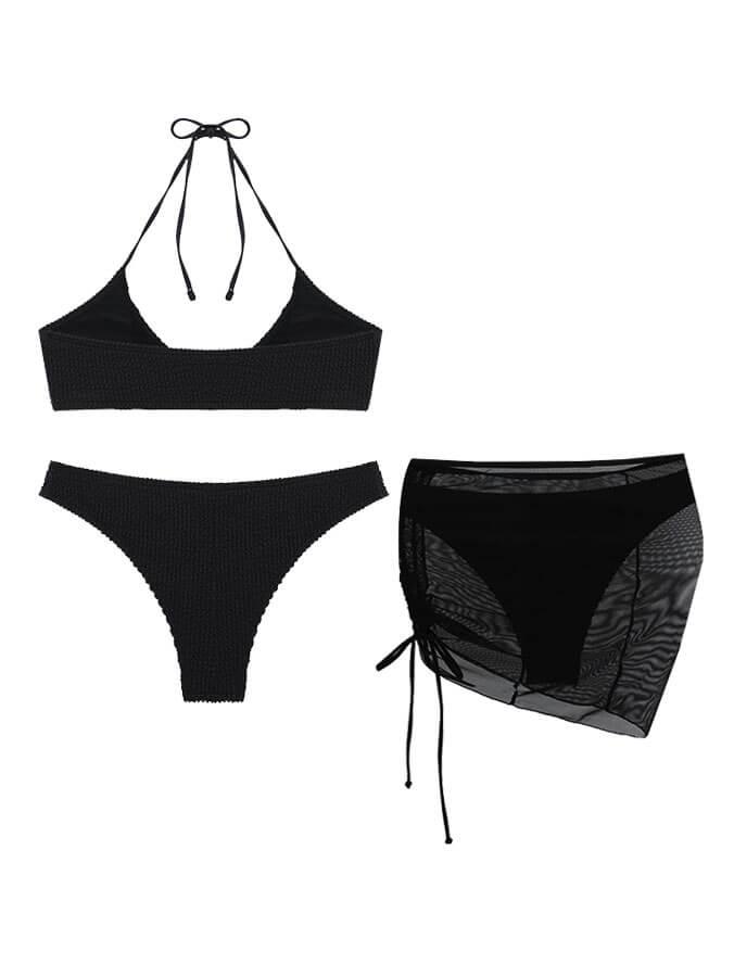 Unifarbenes dreiteiliges Halfterneck Bikini Set
