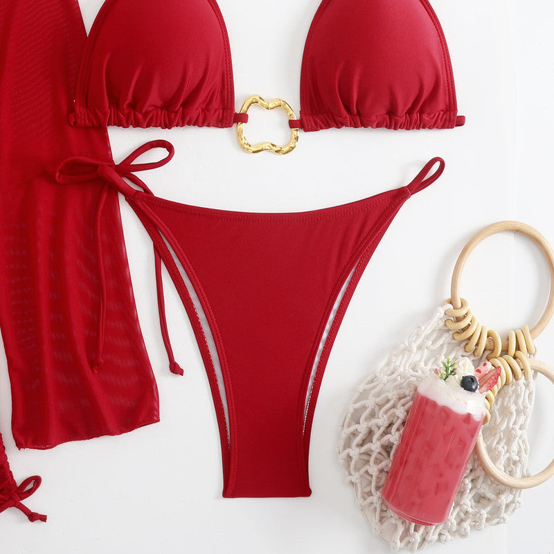 4-teiliges Damen Beachwear Set mit Bikini langärmligem Cover Up und Minirock