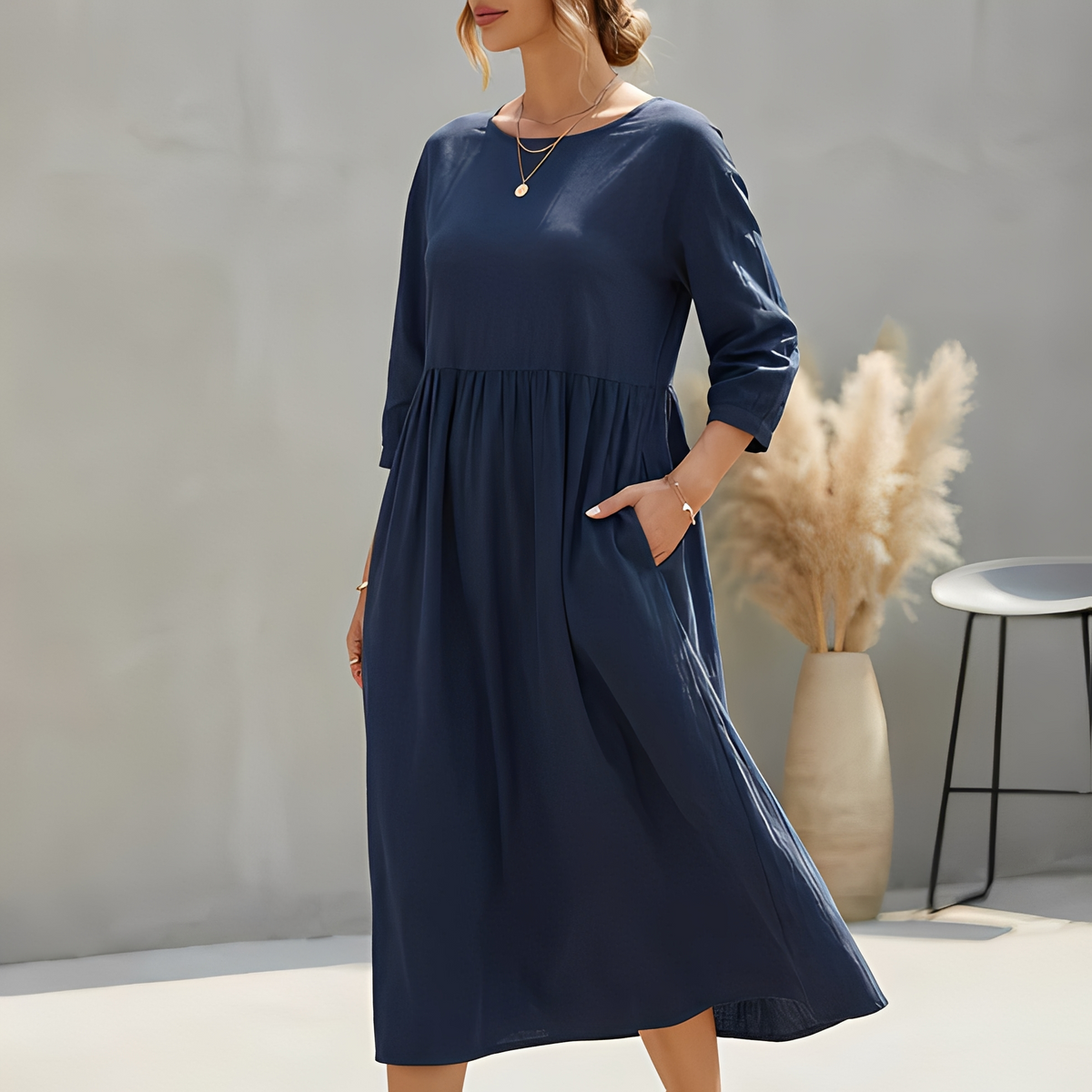 Sommerkleid Midi Damen Empire Taille Dreiviertelarm und Seitentaschen