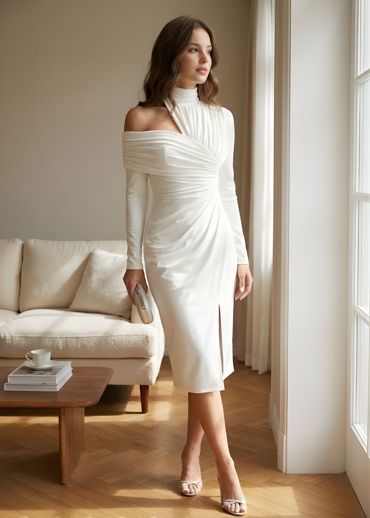 Damen asymmetrisches Midikleid mit One-Shoulder Drapierung