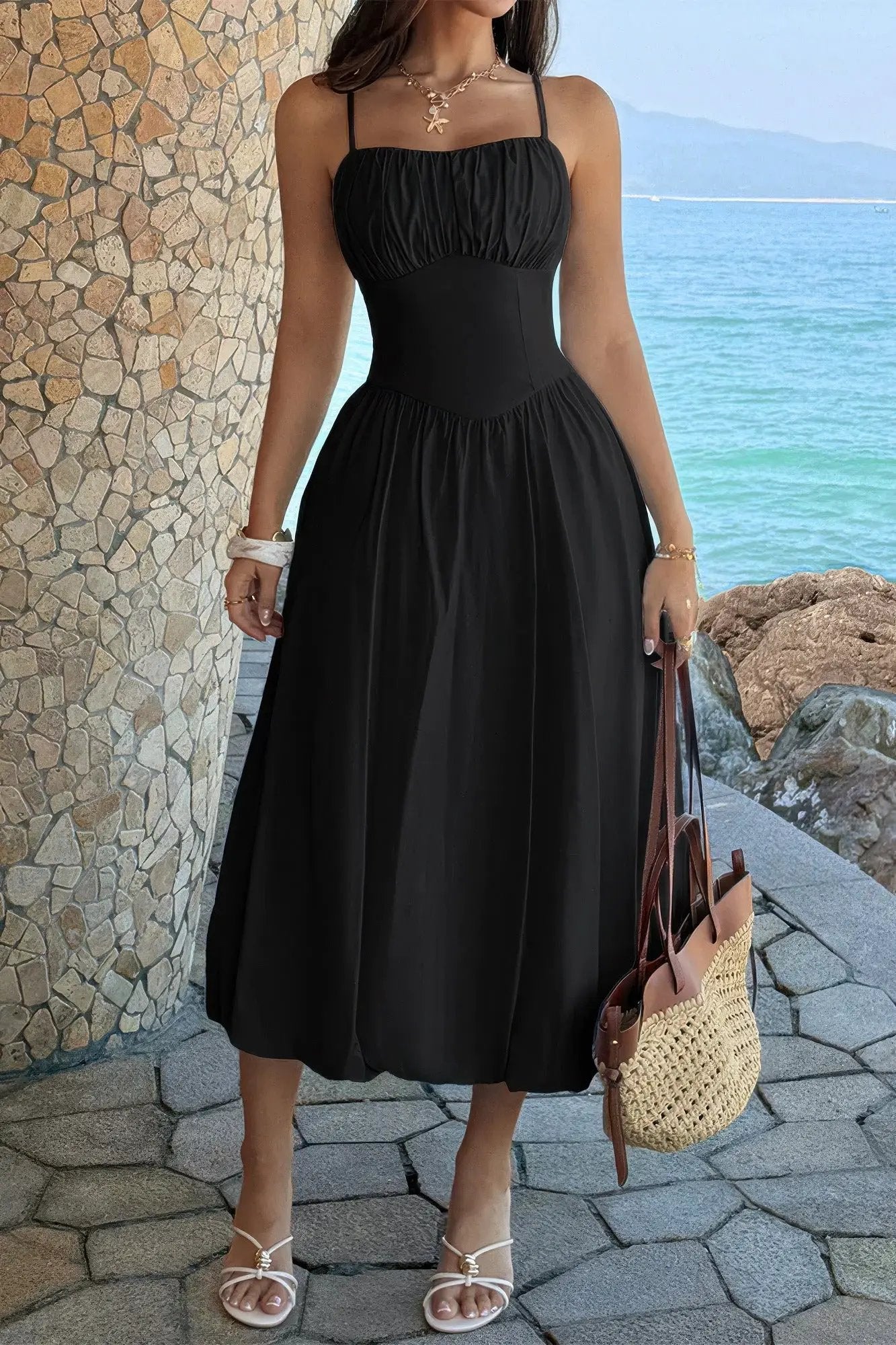 Damen ärmelloses A Linie Kleid mit Raffung