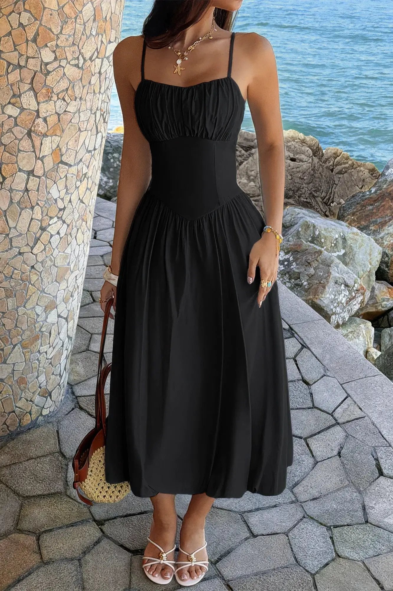 Damen ärmelloses A Linie Kleid mit Raffung