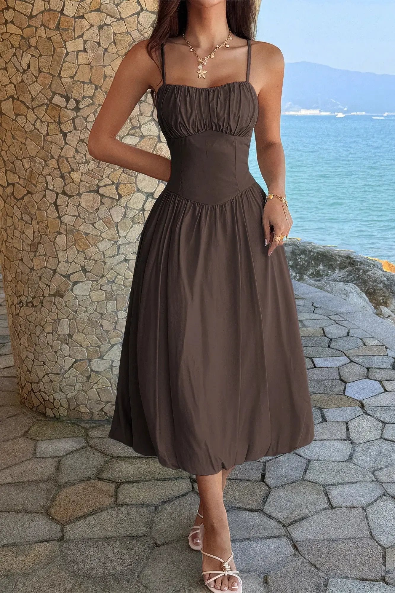 Damen ärmelloses A Linie Kleid mit Raffung