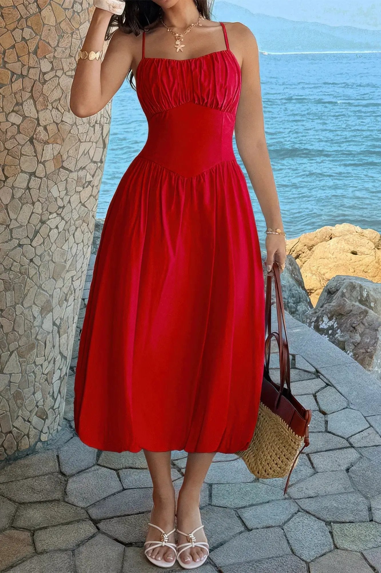 Damen ärmelloses A Linie Kleid mit Raffung