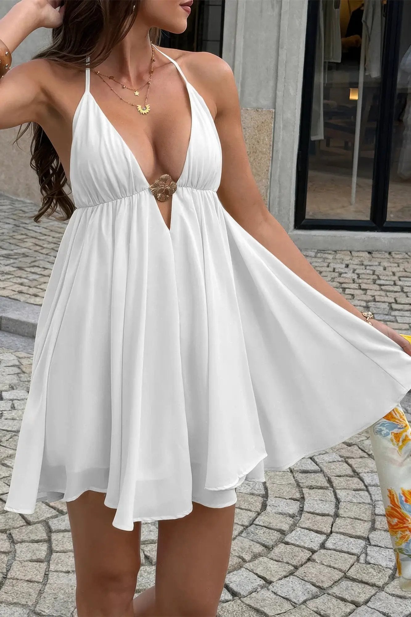 Damen Camisole A Linie Minikleid mit Metallschnalle