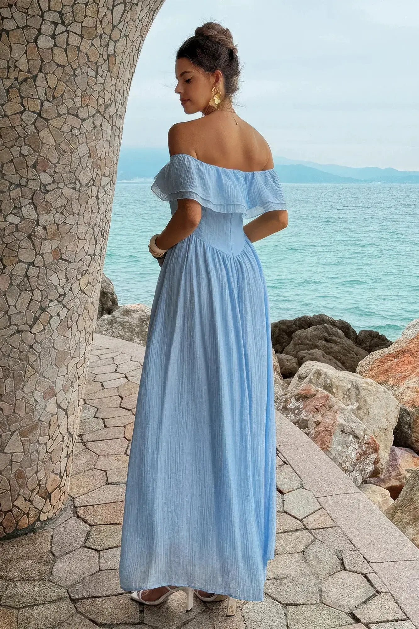 Damen Off Shoulder Corset langes Kleid mit Rüschen