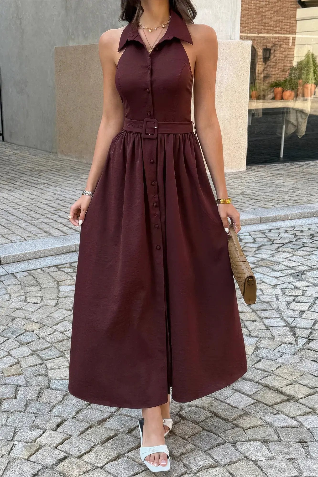 Damen ärmelloses A Linie Midikleid mit Kragen und Gürtel