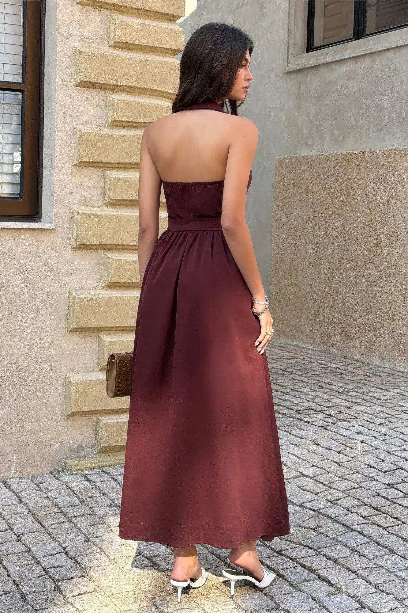 Damen ärmelloses A Linie Midikleid mit Kragen und Gürtel
