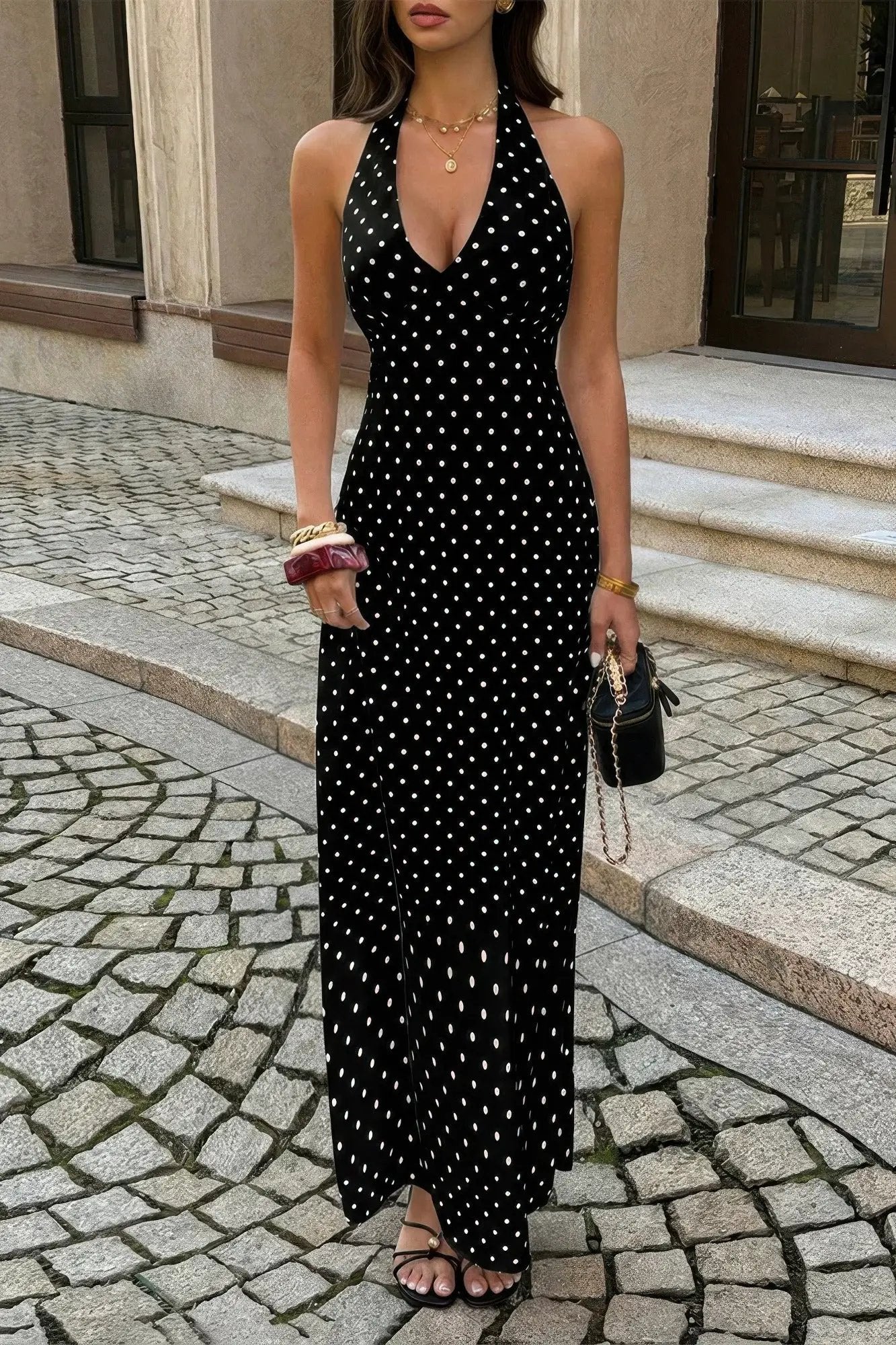 Damen ärmelloses Bodycon langes Kleid mit Tupfenmuster