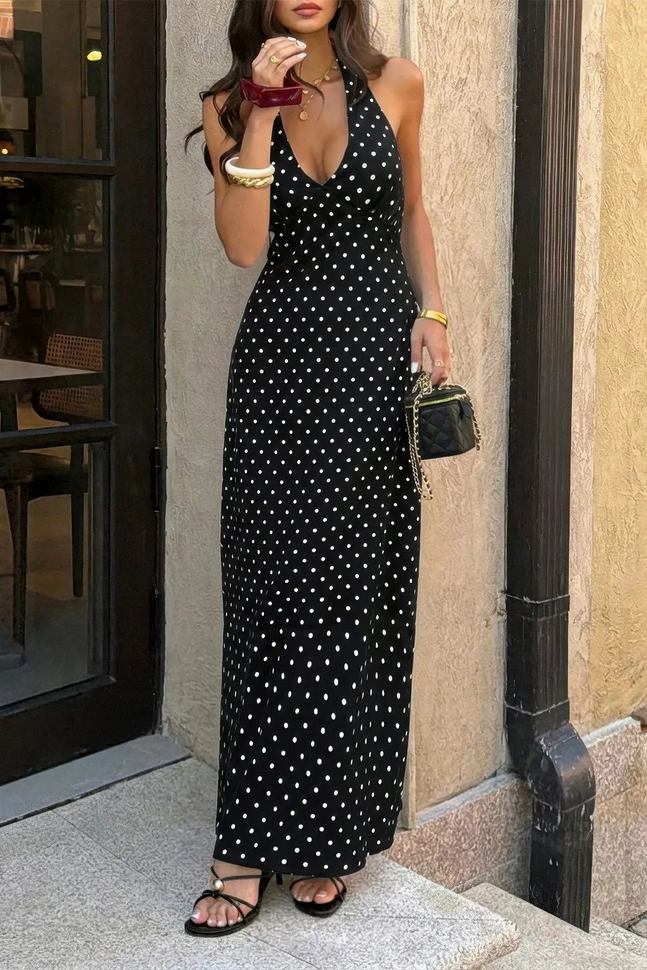 Damen ärmelloses Bodycon langes Kleid mit Tupfenmuster
