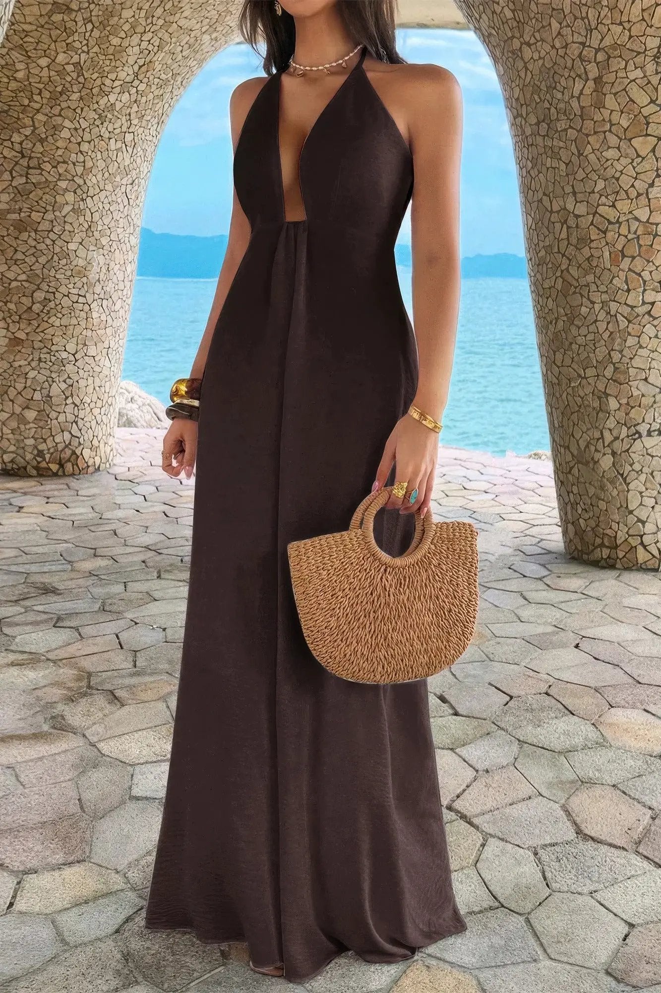 Damen Halter A Linie Maxikleid mit verstecktem Reißverschluss