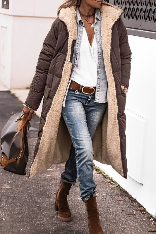 Damen langer Wintermantel mit Teddyfutter
