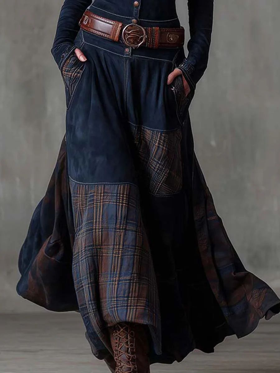 Leonora | Vintage Long Dress in Navy Blue Suede Check (Includes Belt)