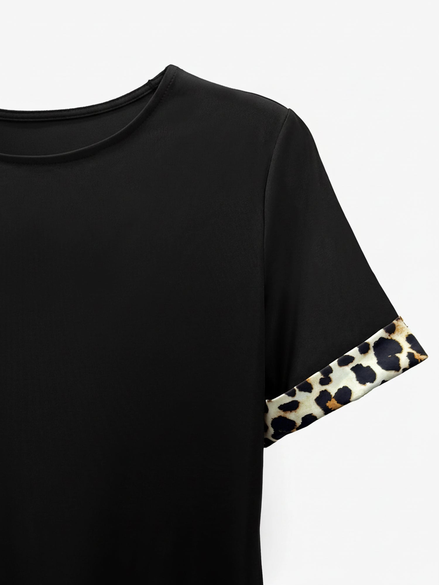 Leopardenmuster Patchwork Bootsausschnitt Kurzarm T Shirt Kleid