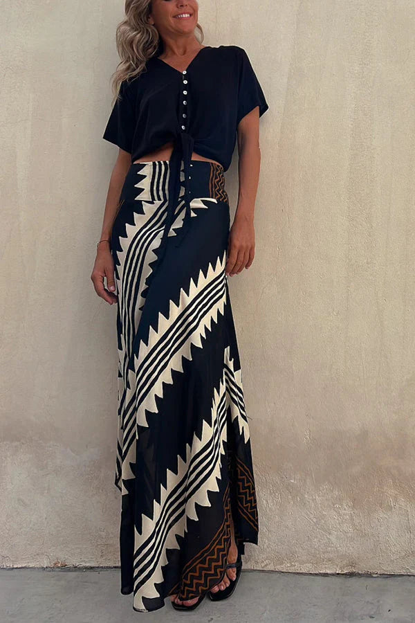 Aglaiya Damen Maxirock mit geometrischem Print und Bund