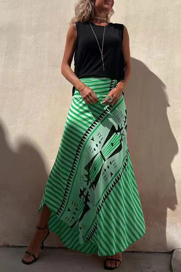 Aglaiya Damen Maxirock mit geometrischem Print und Bund