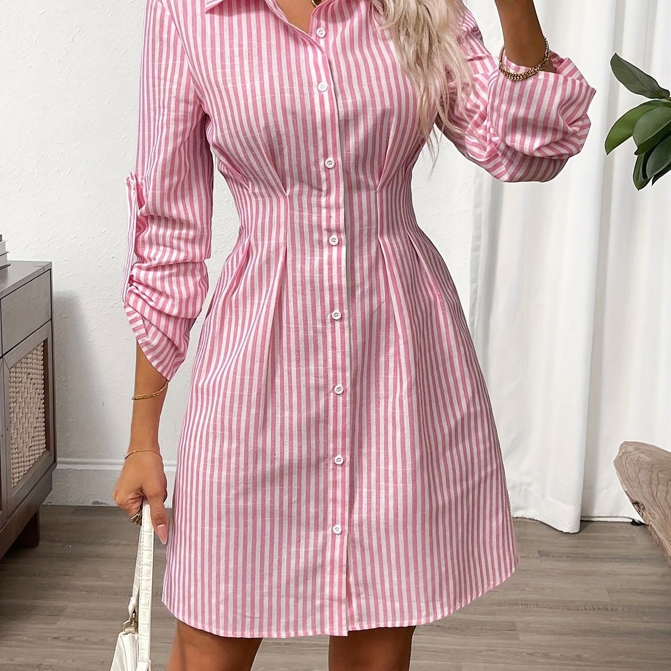Damen gestreiftes Hemdblusenkleid mit Knopfleiste
