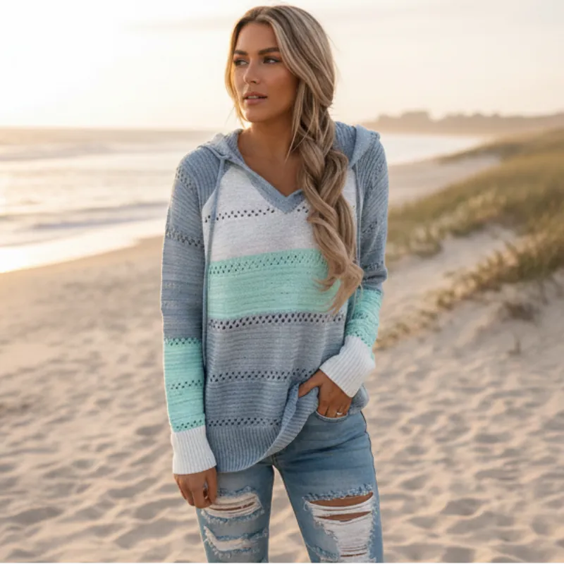Damen Strickpullover mit Kapuze und Streifen