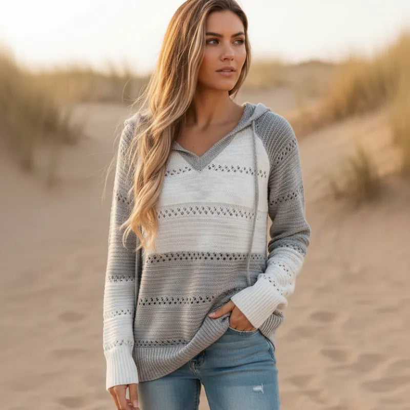 Damen Strickpullover mit Kapuze und Streifen