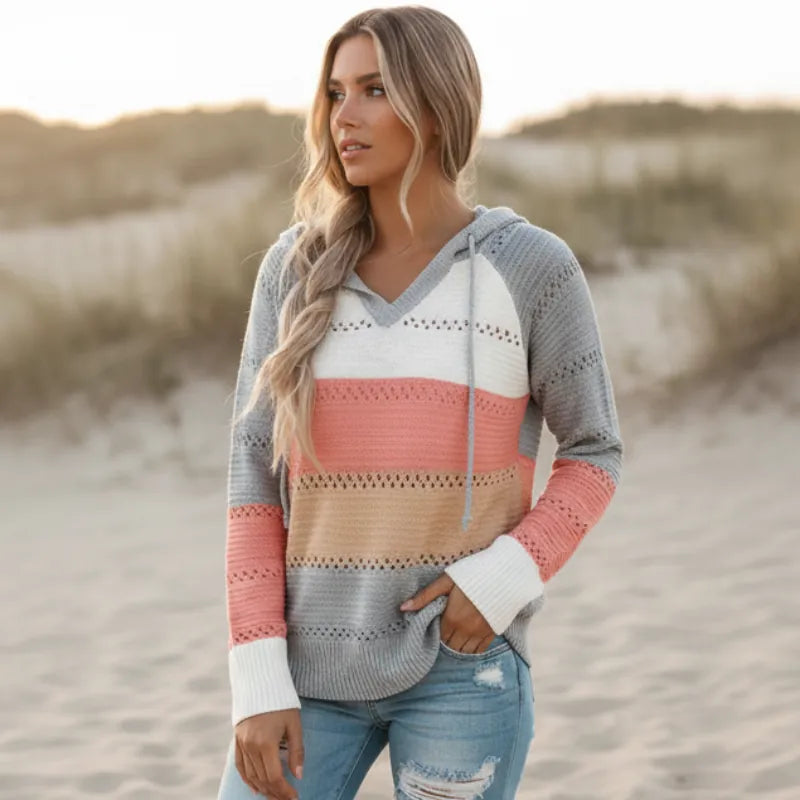 Damen Strickpullover mit Kapuze und Streifen
