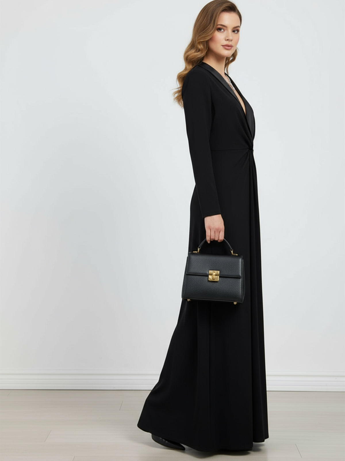 Langarm-Skinny-Maxikleid mit tiefem V-Ausschnitt – Unifarben