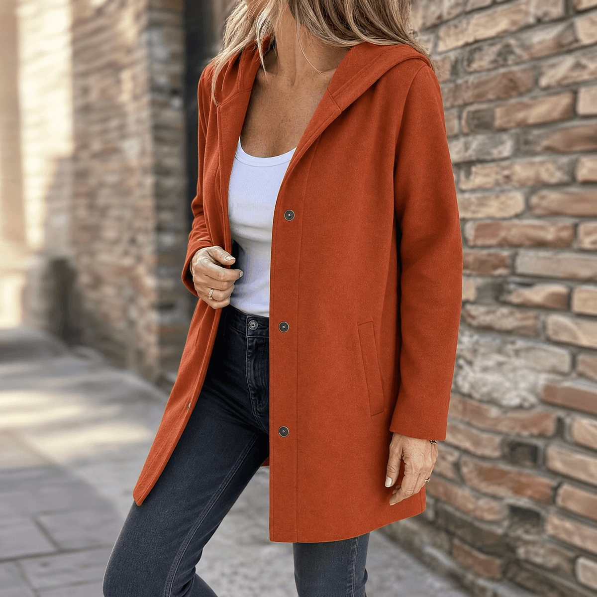 Damen Strickjacke mit Kapuze und Knöpfen