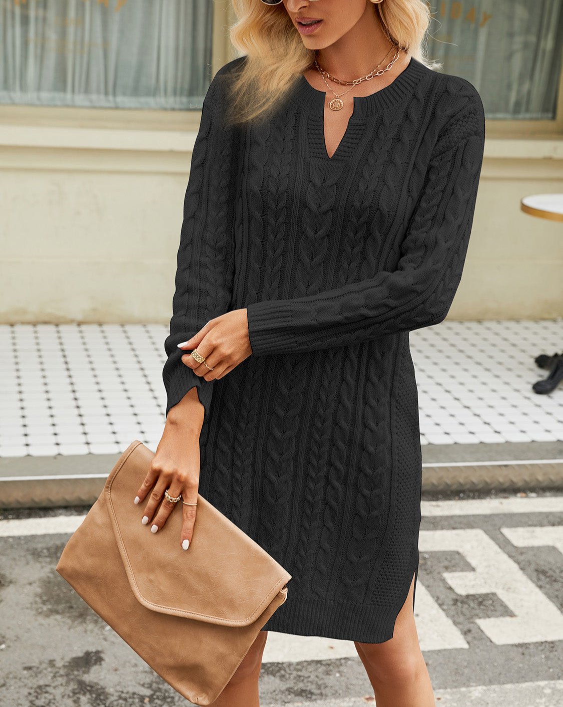 Damen Herbst Strickkleid mit Zopfmuster und V Ausschnitt