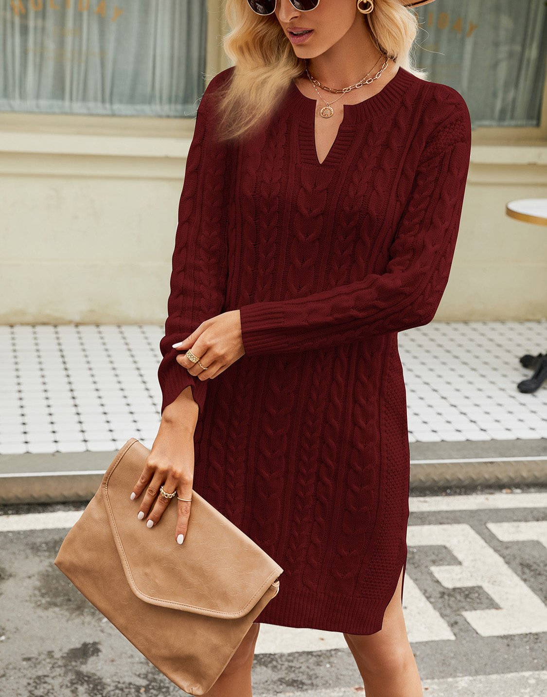 Damen Herbst Strickkleid mit Zopfmuster und V Ausschnitt