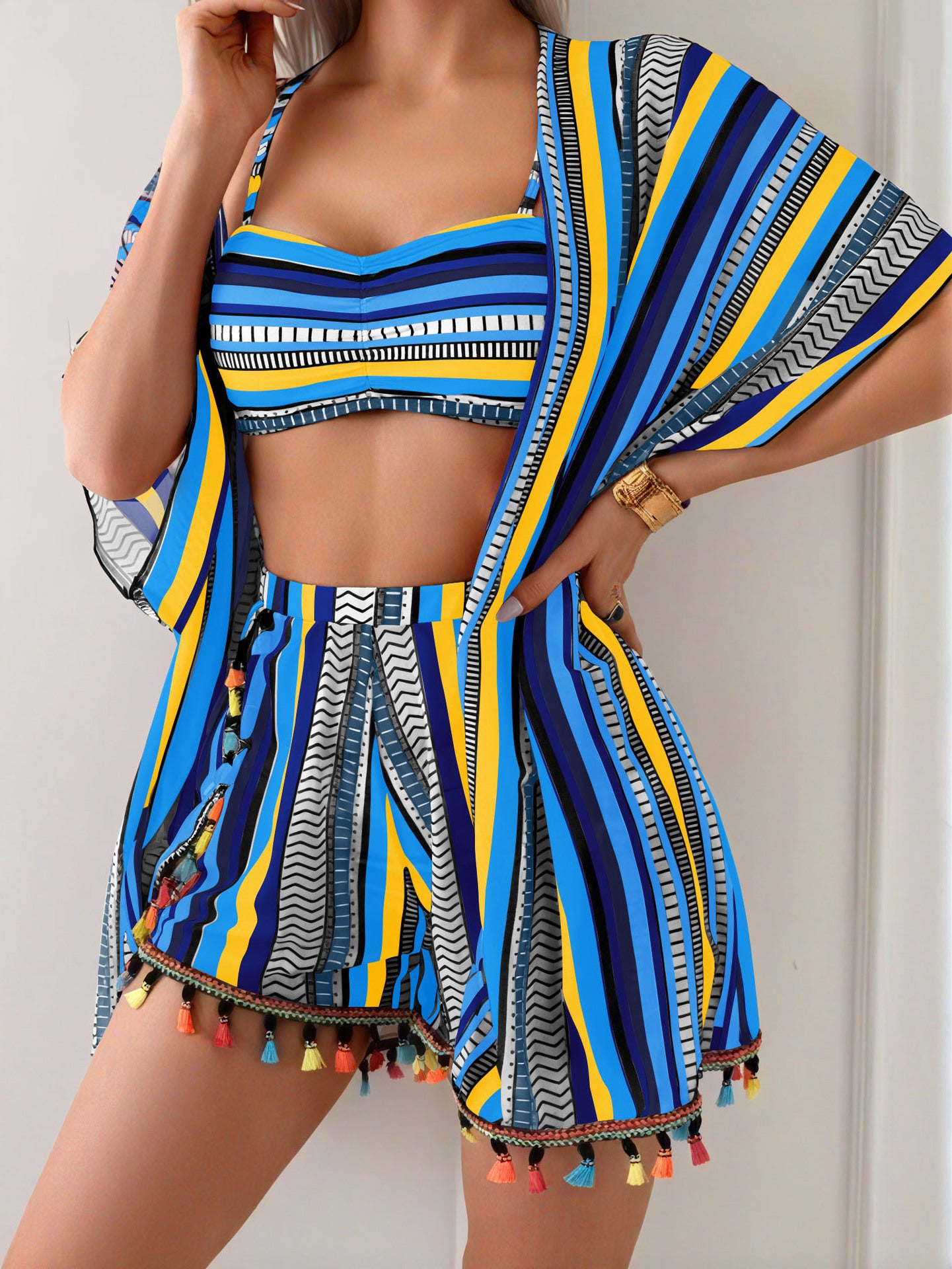 Damen Bikini Set mit Cover Up Shirt und Strandshorts