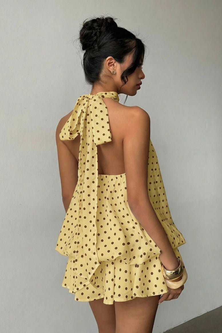 Polka Dot Halfter Minikleid mit rückenfreier Schnürung