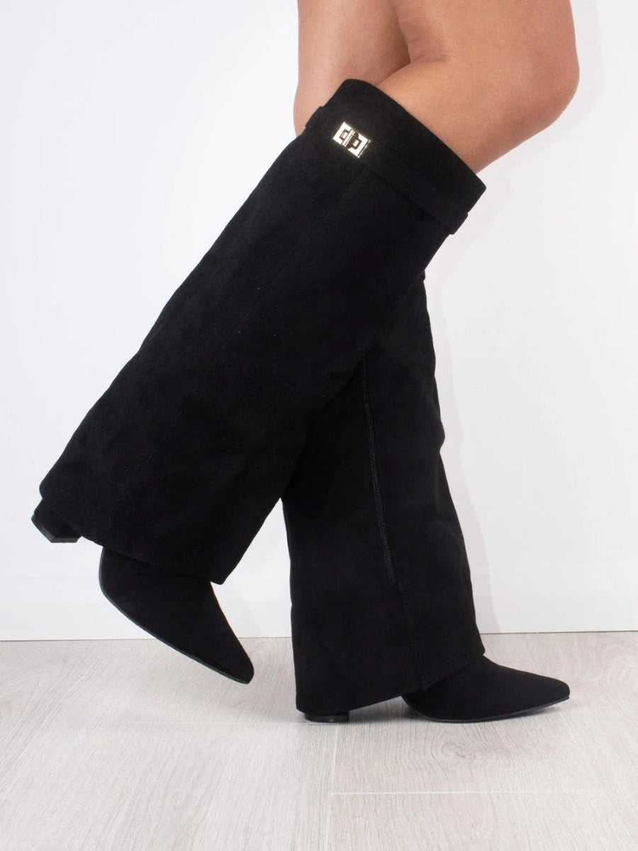Damen kniehohe Stiefel mit Goldschnalle