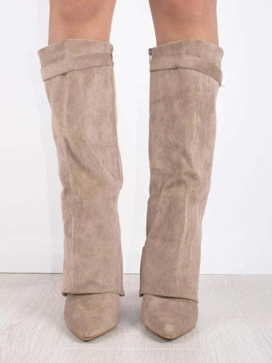 Damen kniehohe Stiefel mit Goldschnalle