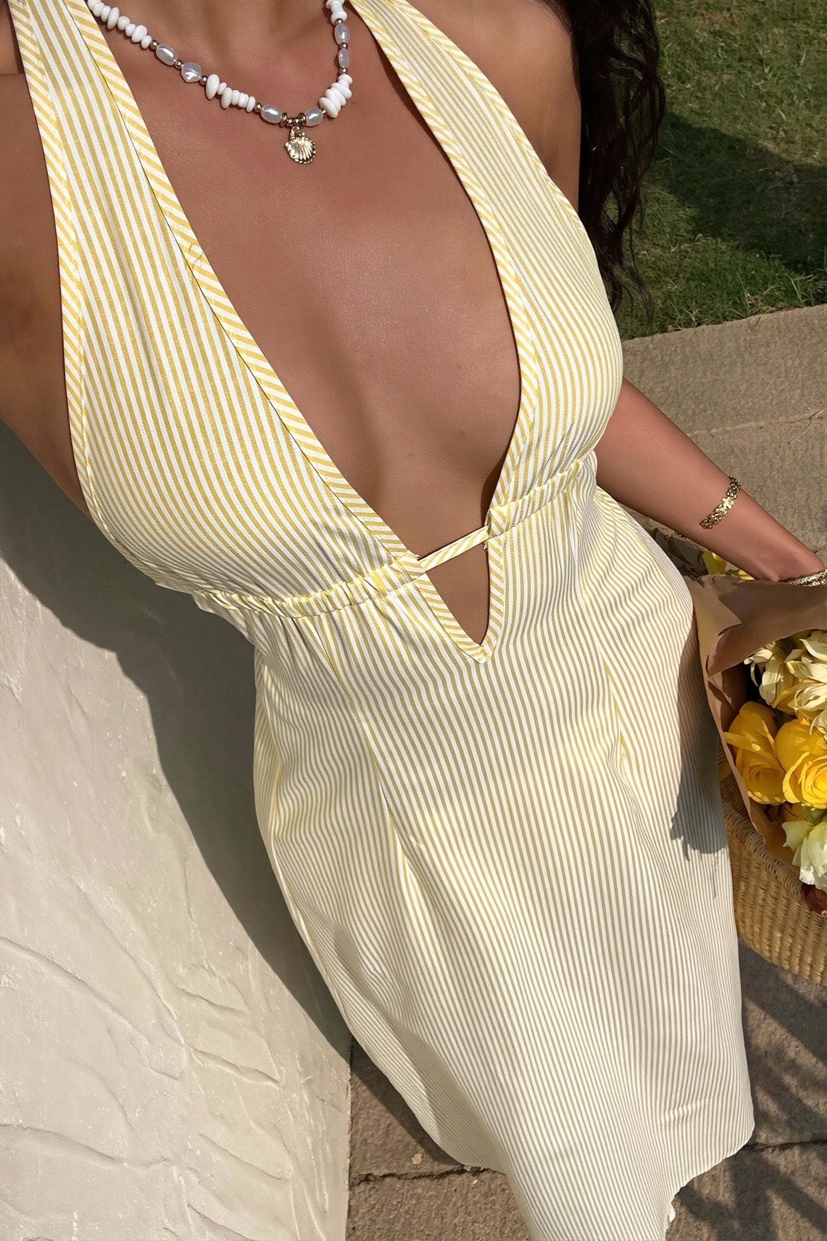 Sexy Streifen Halter Maxikleid rückenfrei mit Schnürung
