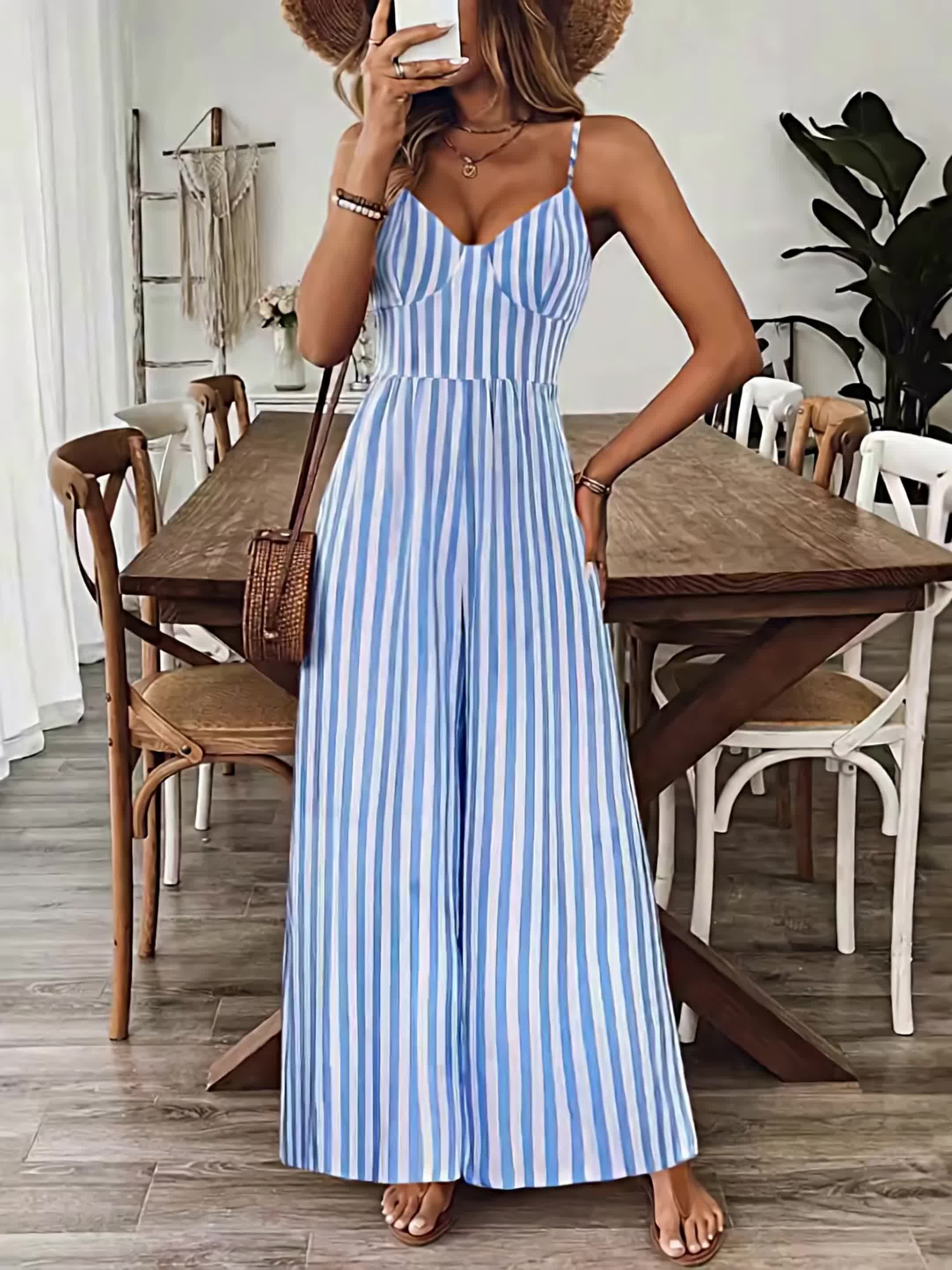 Damen gestreifter weiter Jumpsuit mit V Ausschnitt und Schleife hinten