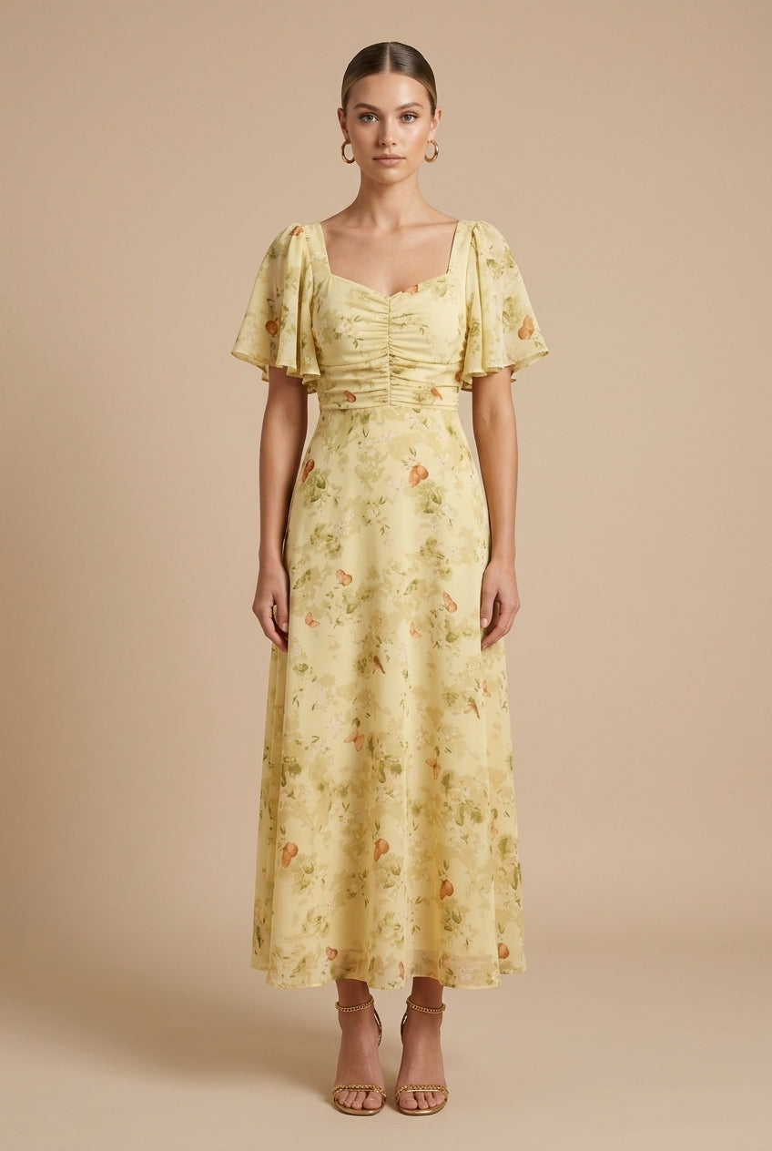 Damen Maxikleid mit Blumenmuster, quadratischem Ausschnitt und Puffärmeln