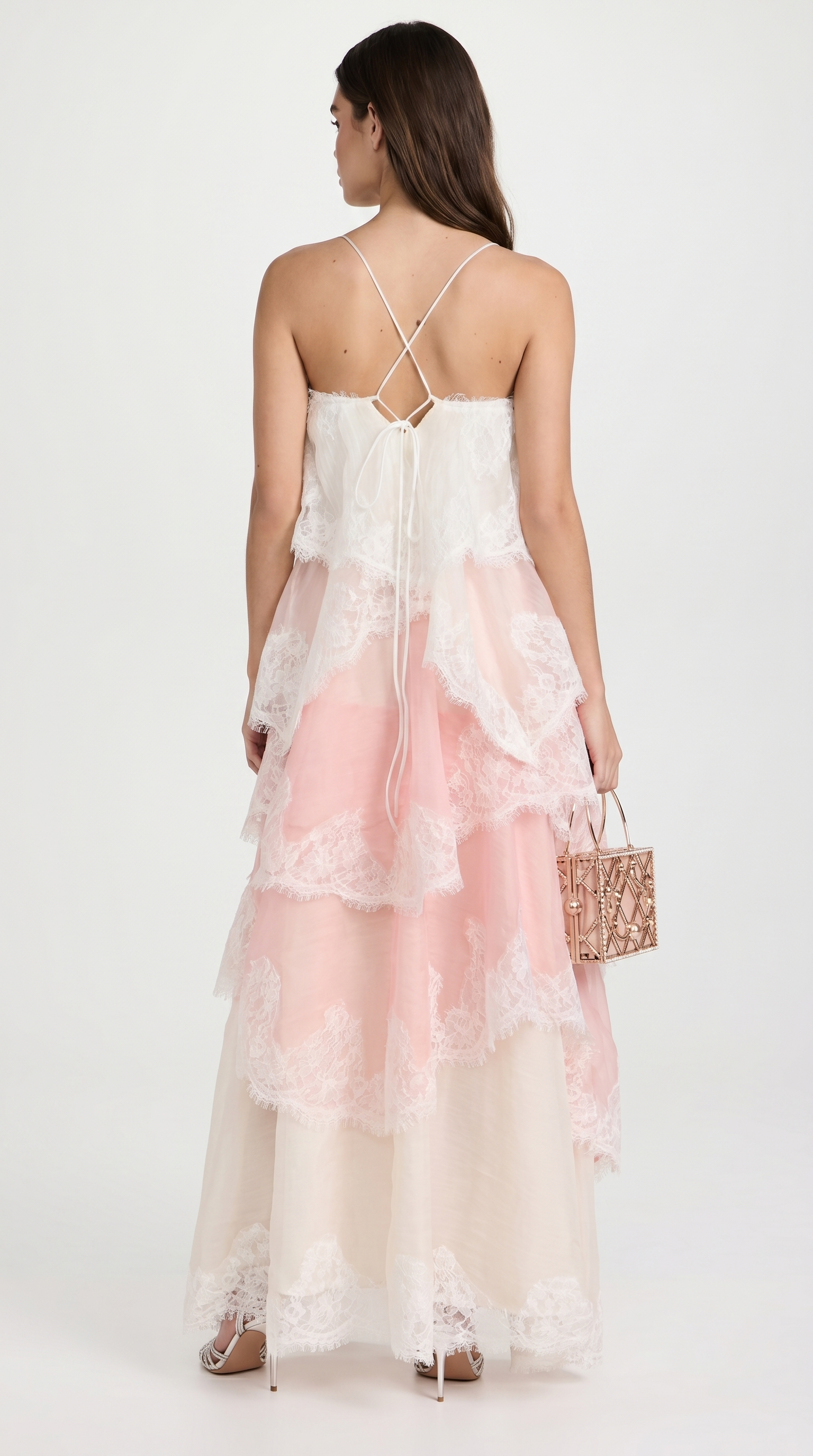 Damen Gestuftes Spitzen Organza Maxikleid