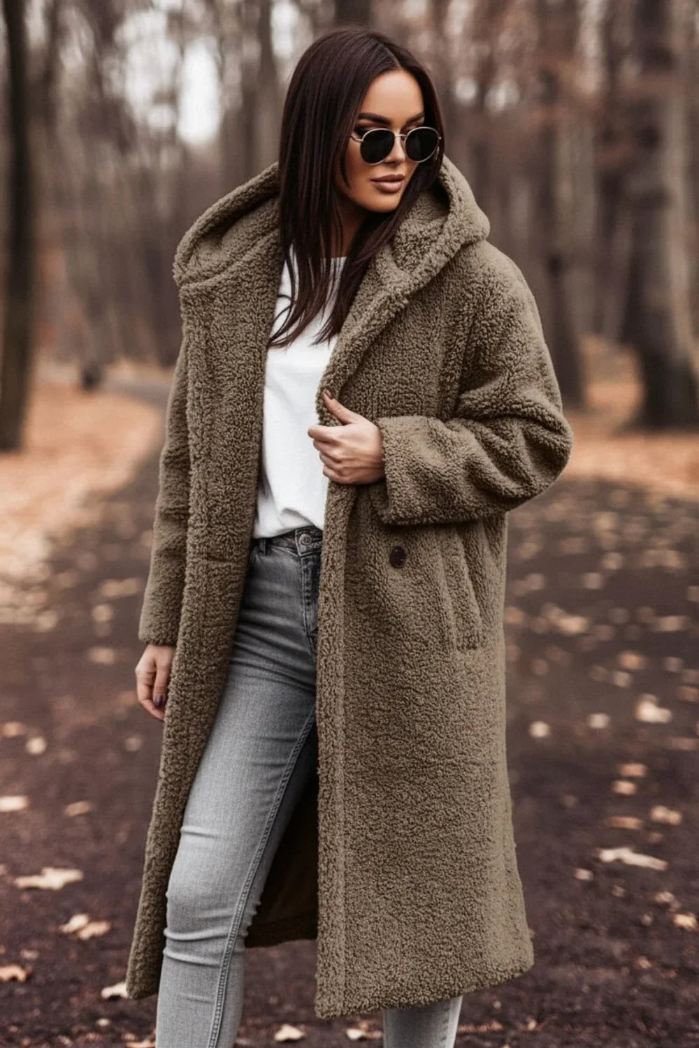 Damen Oversize Teddy Mantel mit Kapuze warm und kuschelig