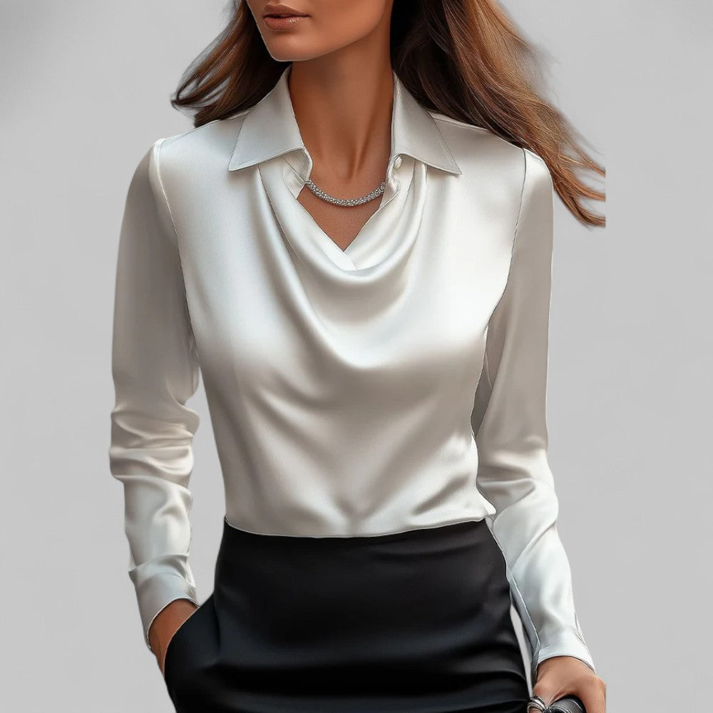 Rose Damen langärmelige Satinbluse mit Drapierung