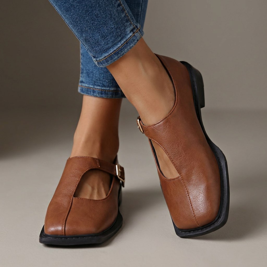 Damen Ballerinas mit T Riemen und bequemem Fußbett