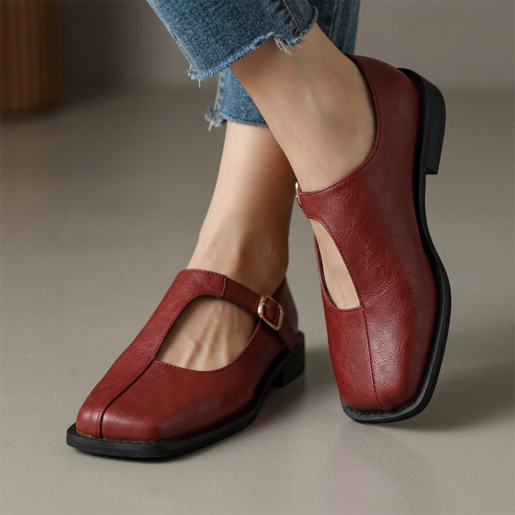 Damen Ballerinas mit T Riemen und bequemem Fußbett
