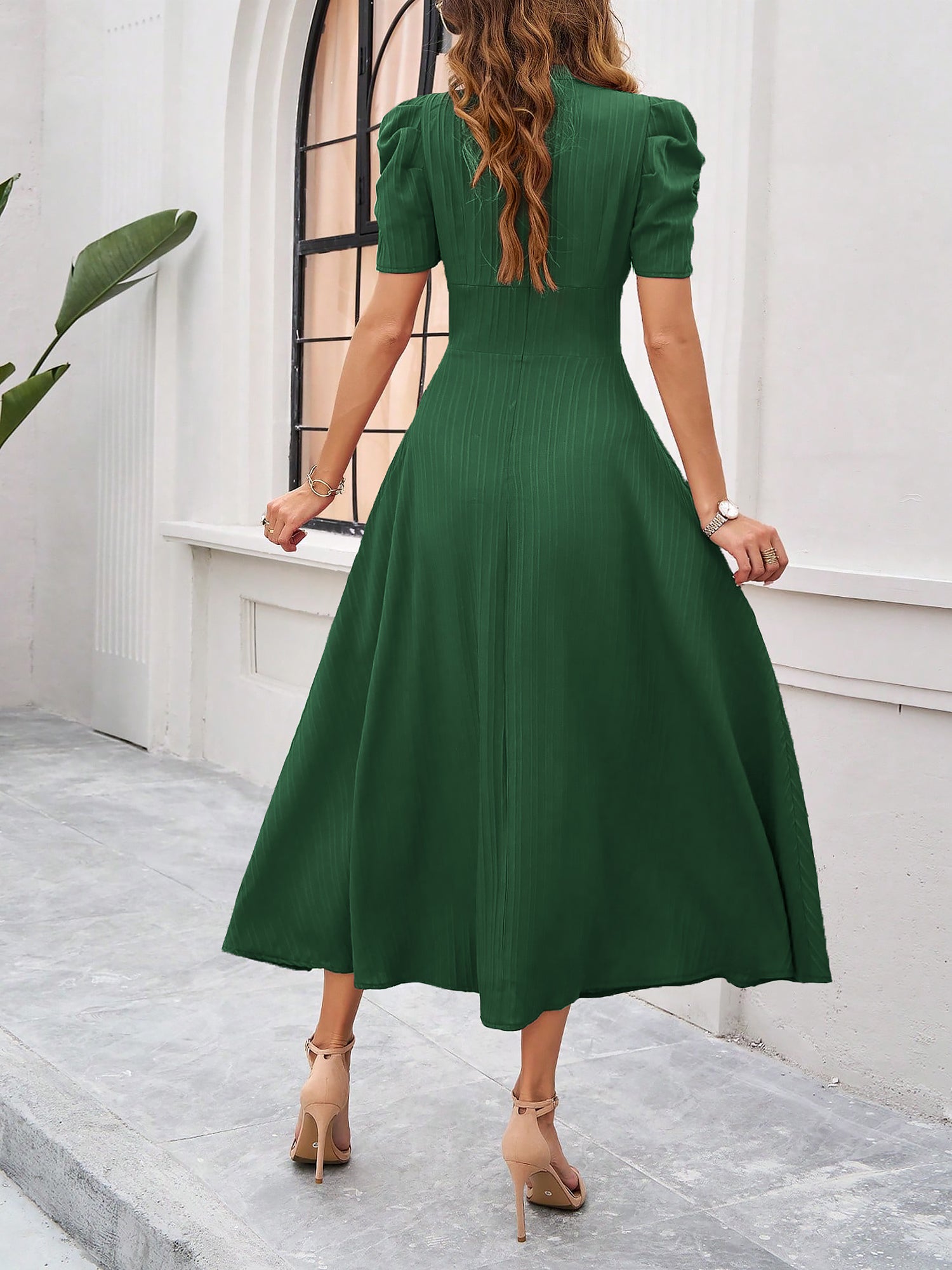 Strukturierte Puff Kurzarm Raffungen Midikleid A Linie Tailliert Casual Chic
