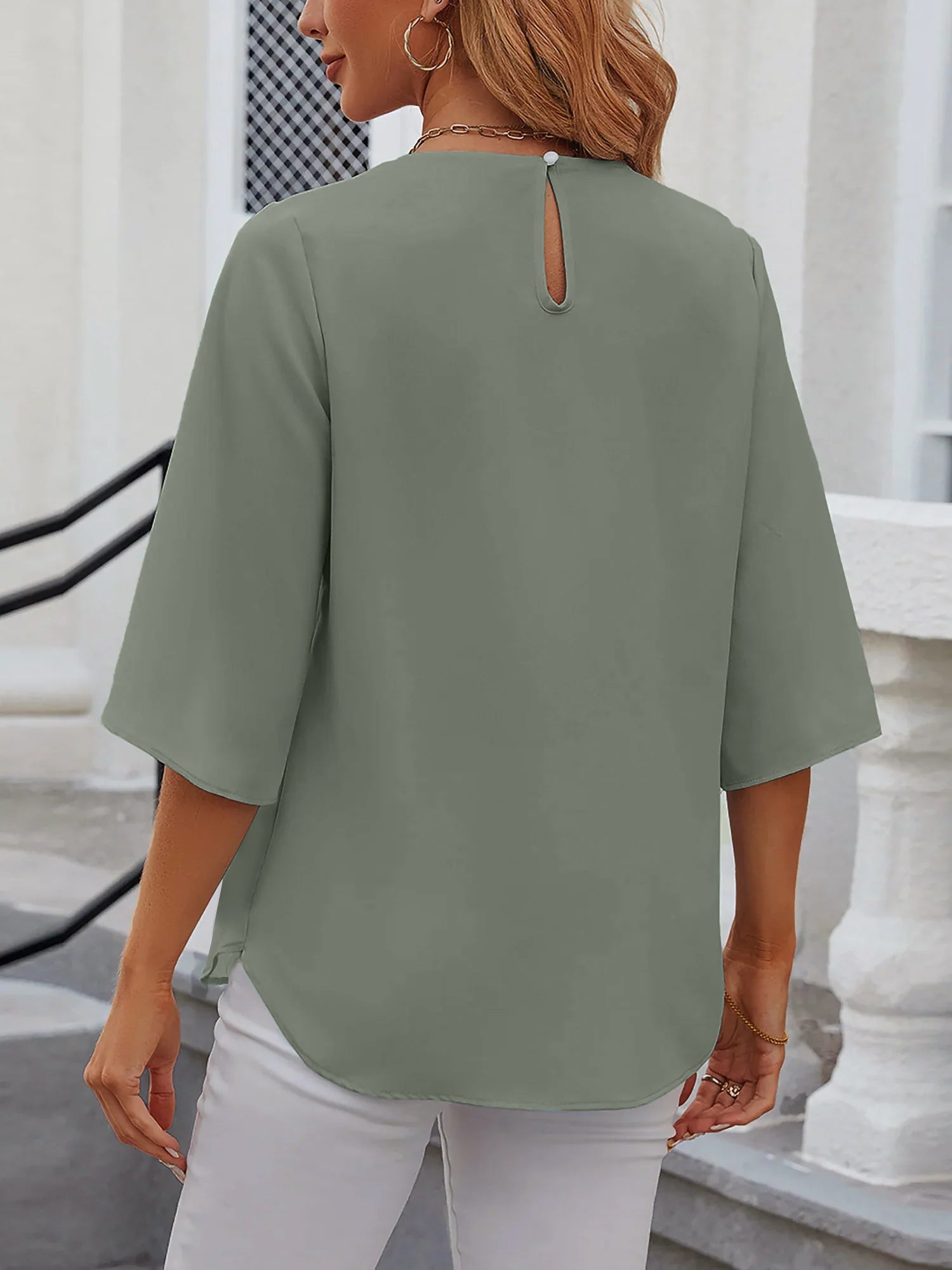 Leichte Fließende Unifarbene Rundhals Dreiviertelarm Chiffon Bluse