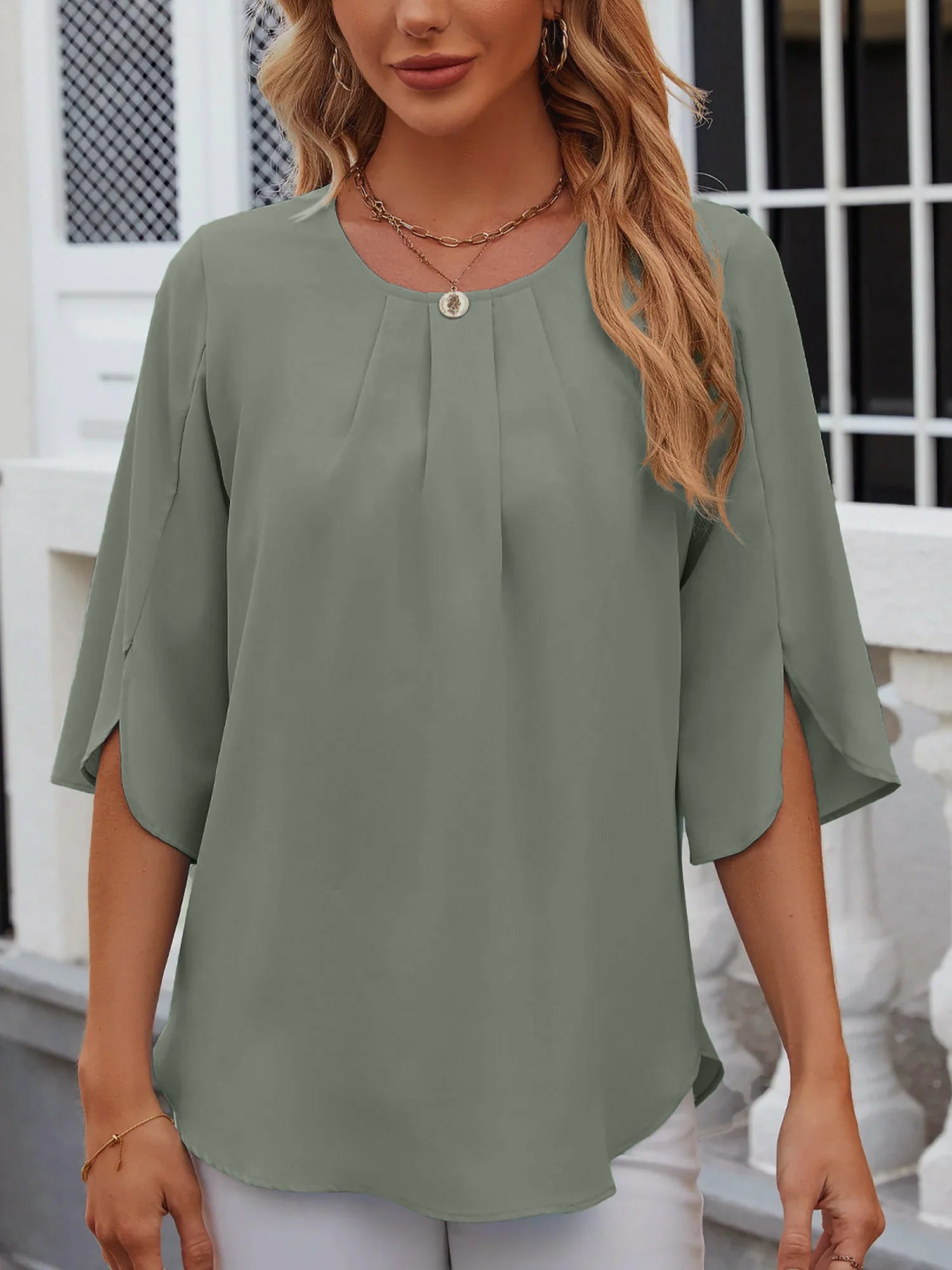 Leichte Fließende Unifarbene Rundhals Dreiviertelarm Chiffon Bluse