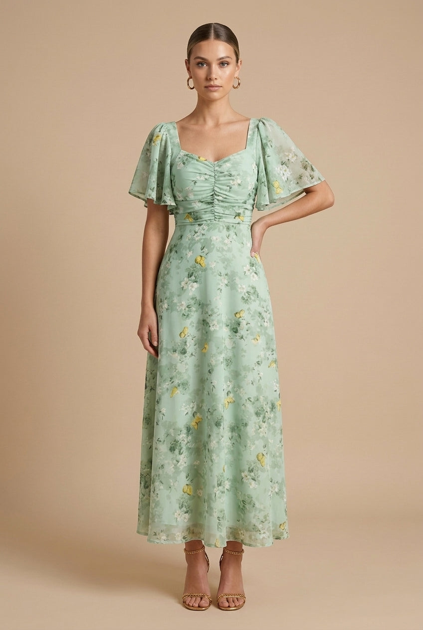Damen Maxikleid mit Blumenmuster, quadratischem Ausschnitt und Puffärmeln