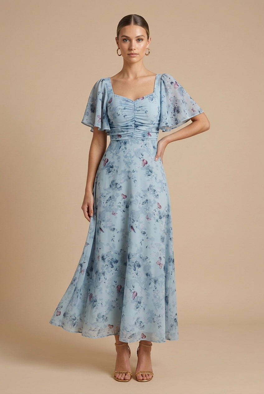 Damen Maxikleid mit Blumenmuster, quadratischem Ausschnitt und Puffärmeln